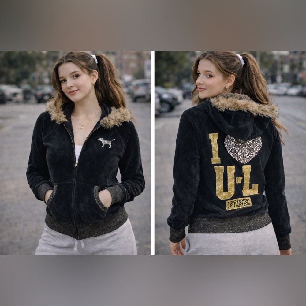 Y2K Victoria’s Secret PINK Velour Hoodie Faux Fur University of Louisville S